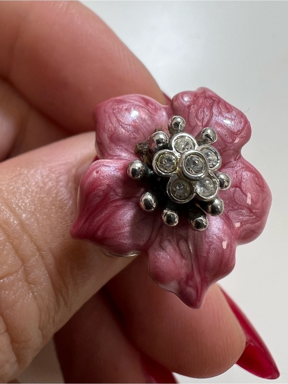 KJL Pink Enamel Floral Crystal Accent Ring
